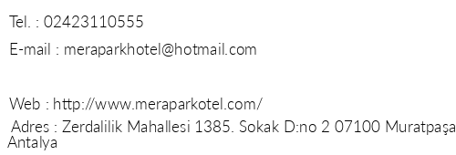 Mera Park Hotel telefon numaralar, faks, e-mail, posta adresi ve iletiim bilgileri